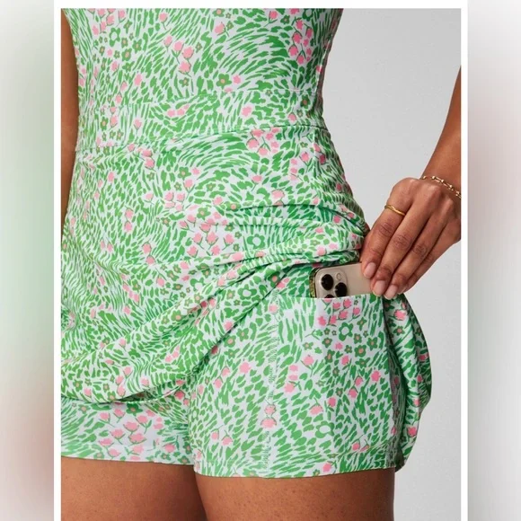 Fabletics Sporty Built in Short Dress Green Pink Floral Athletic Dress - Picture 3 of 11